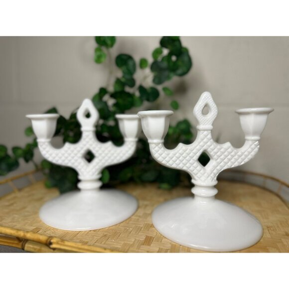 Vintage Westmoreland Glass PAIR Candelabra Candle Holders English Hobnail White - Picture 2 of 8